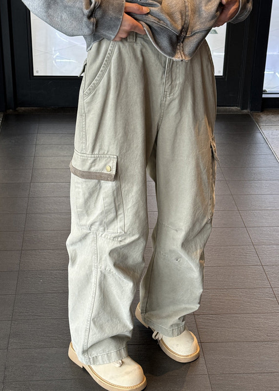 Khaki Pockets High Waist Denim Pants Spring