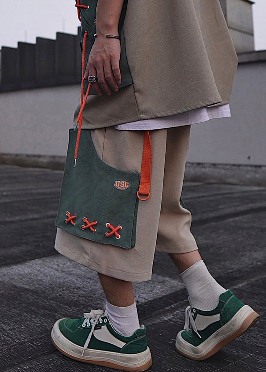 Khaki Pockets Oversized Cotton Shorts Summer