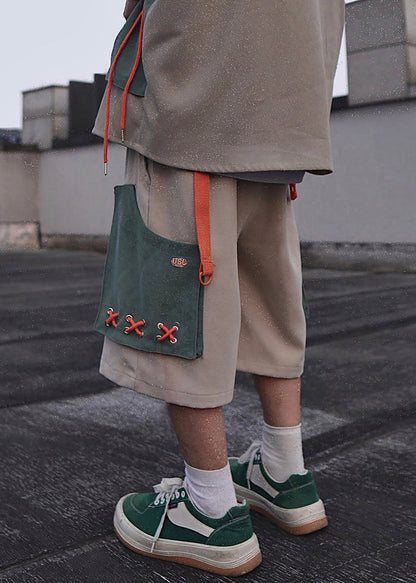 Khaki Pockets Oversized Cotton Shorts Summer