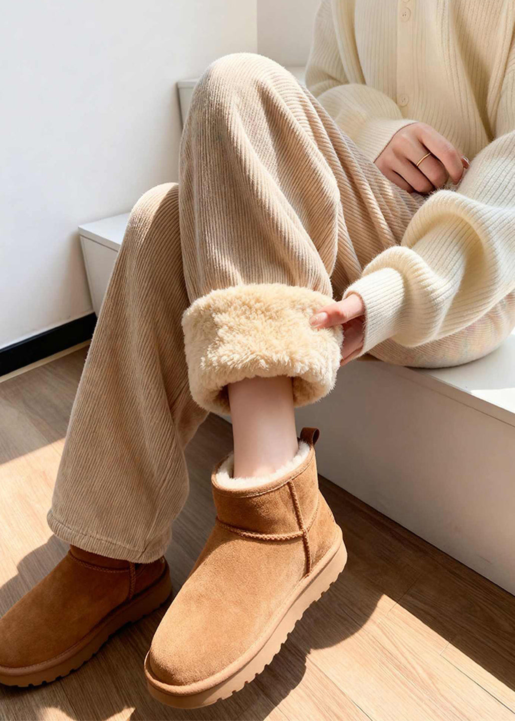 Khaki Pockets Patchwork Corduroy Fleece Pants Winter