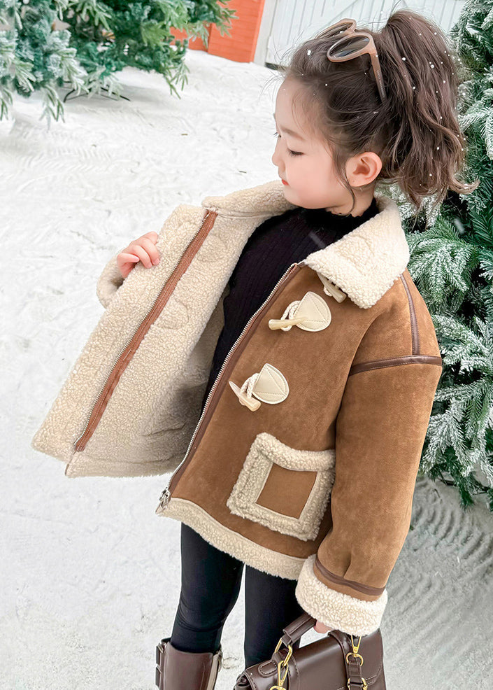 Khaki Pockets Patchwork Thick Warm Fuzzy Wool Lined Coats Winter