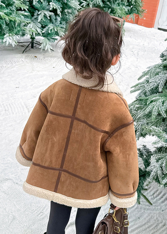 Khaki Pockets Patchwork Thick Warm Fuzzy Wool Lined Coats Winter