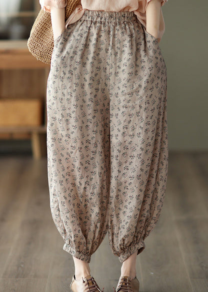 Khaki Pockets Print Cotton Lantern Trousers Summer