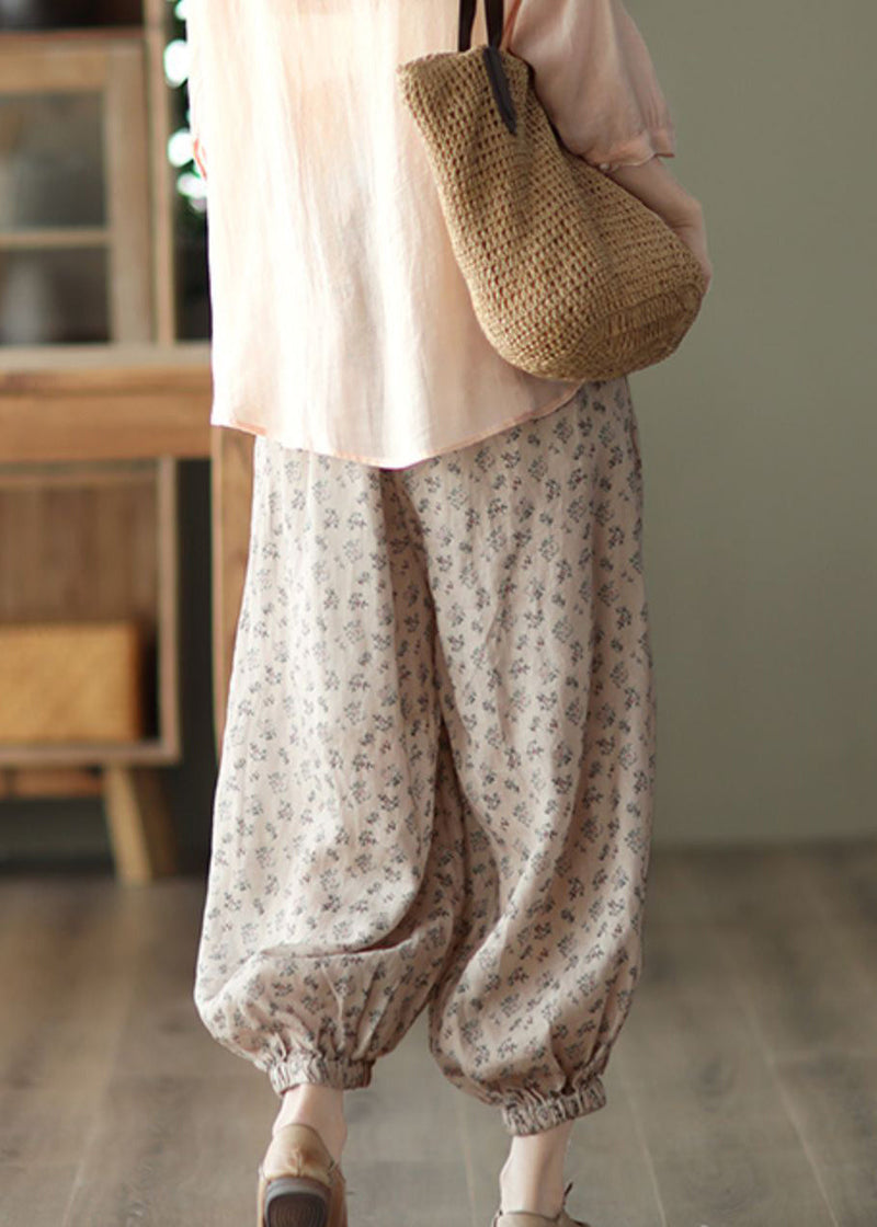 Khaki Pockets Print Cotton Lantern Trousers Summer
