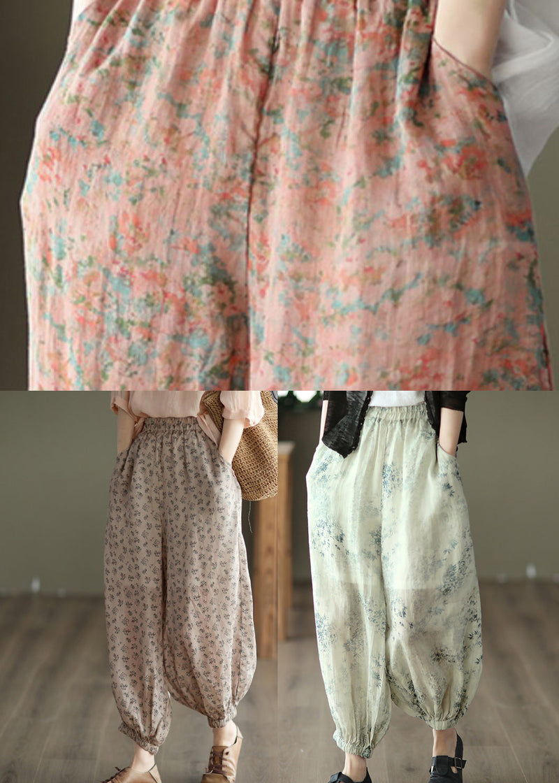 Khaki Pockets Print Cotton Lantern Trousers Summer