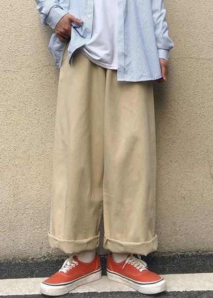 Khaki Pockets Cotton Wide Leg Pants Fall
