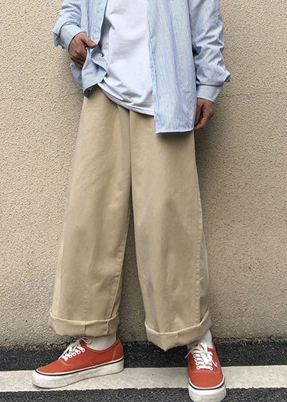 Khaki Pockets Cotton Wide Leg Pants Fall