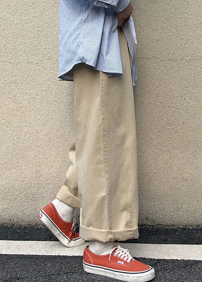 Khaki Pockets Cotton Wide Leg Pants Fall