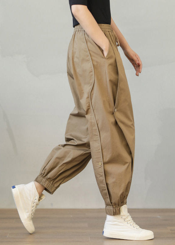 Khaki Pockets Elastic Waist Drawstring Harem Pants Spring