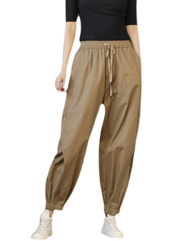 Khaki Pockets Elastic Waist Drawstring Harem Pants Spring