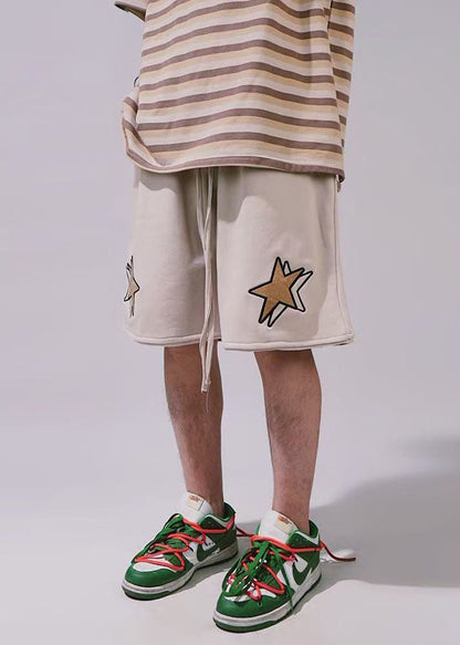 Khaki Print Elastic Waist Cotton Shorts Summer