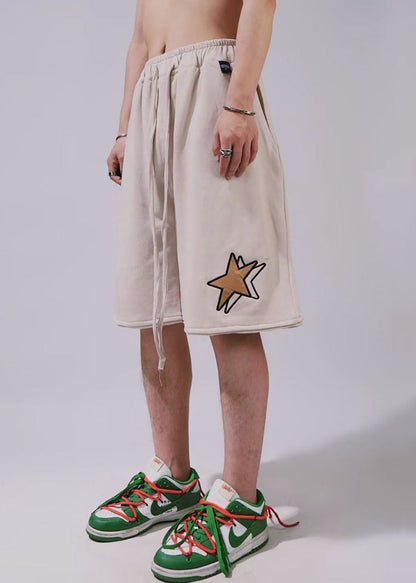 Khaki Print Elastic Waist Cotton Shorts Summer