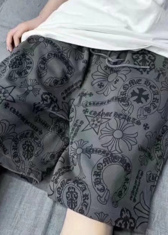 Khaki Print Elastic Waist Cotton Shorts Summer