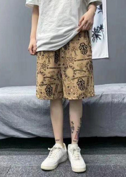 Khaki Print Elastic Waist Cotton Shorts Summer