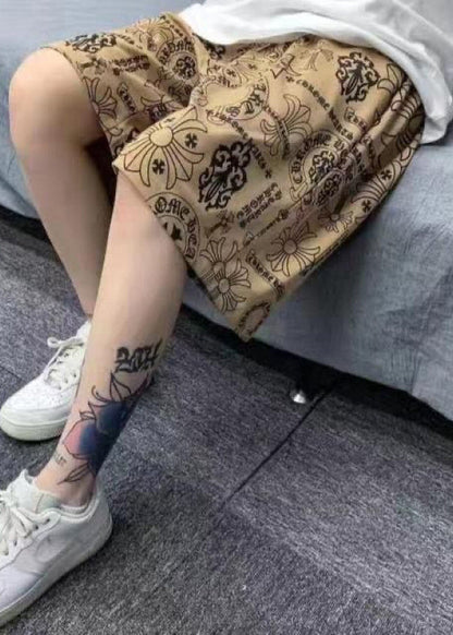 Khaki Print Elastic Waist Cotton Shorts Summer
