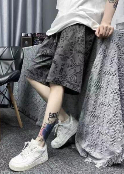 Khaki Print Elastic Waist Cotton Shorts Summer