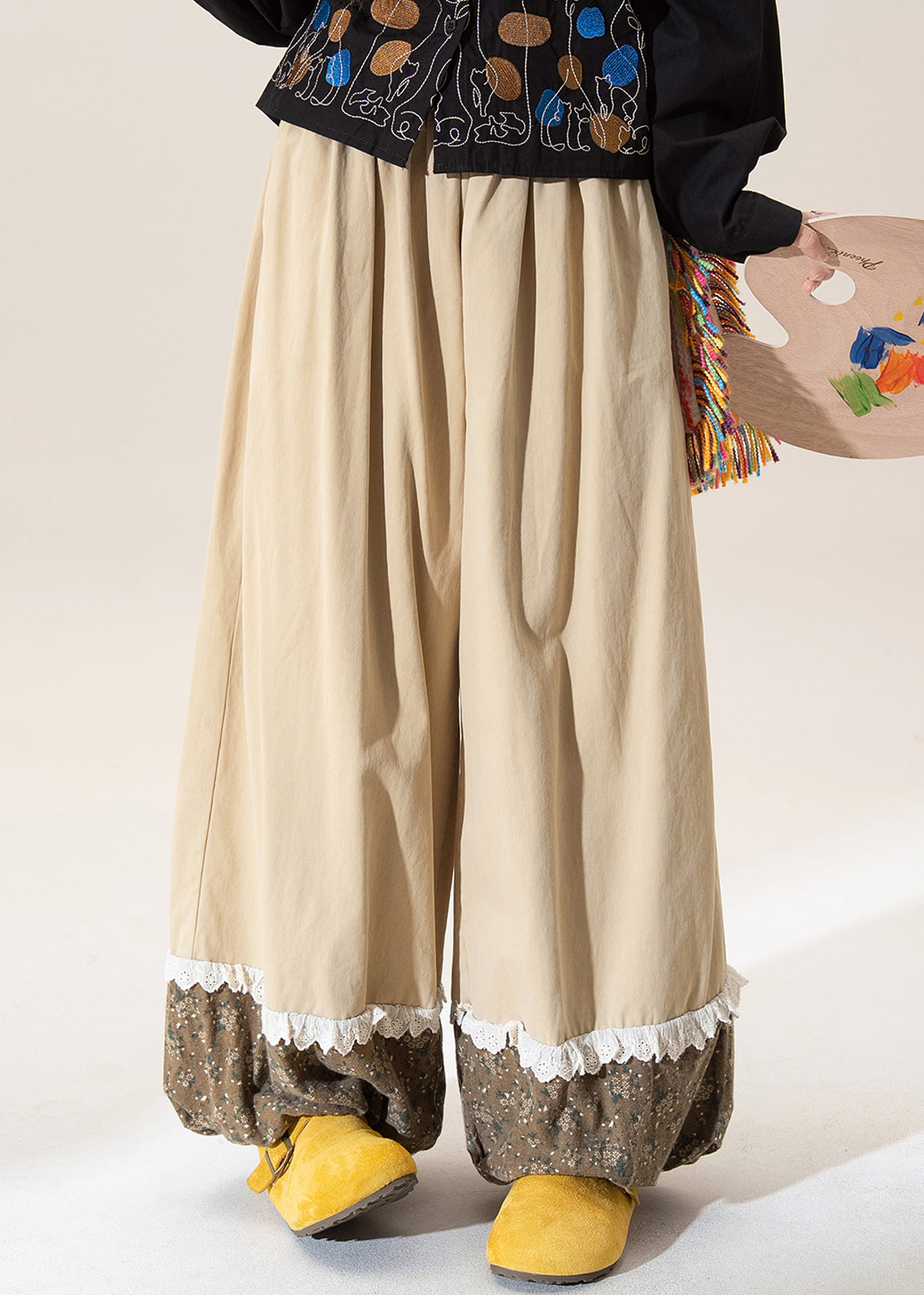 Khaki Print Patchwork Elastic Waist Cotton Pants Spring
