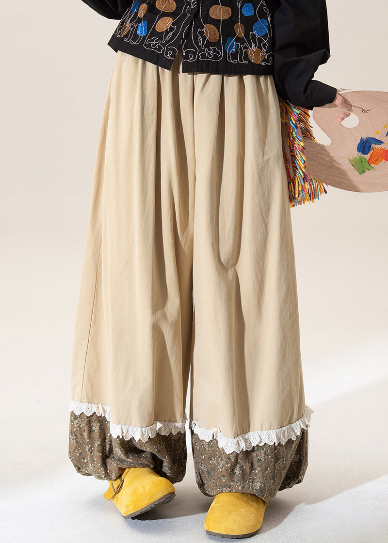 Khaki Print Patchwork Elastic Waist Cotton Pants Spring