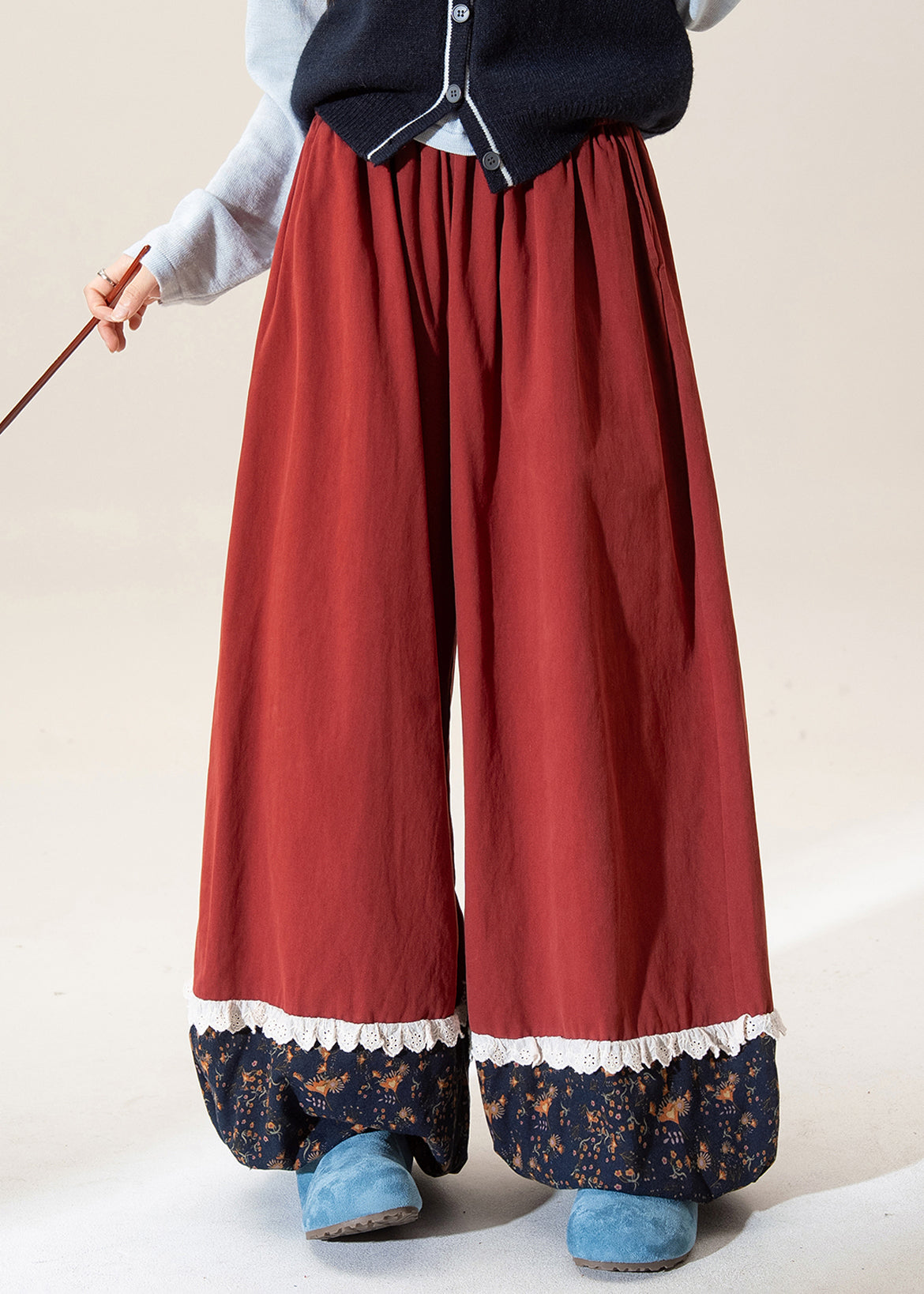Khaki Print Patchwork Elastic Waist Cotton Pants Spring