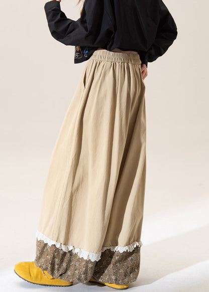 Khaki Print Patchwork Elastic Waist Cotton Pants Spring