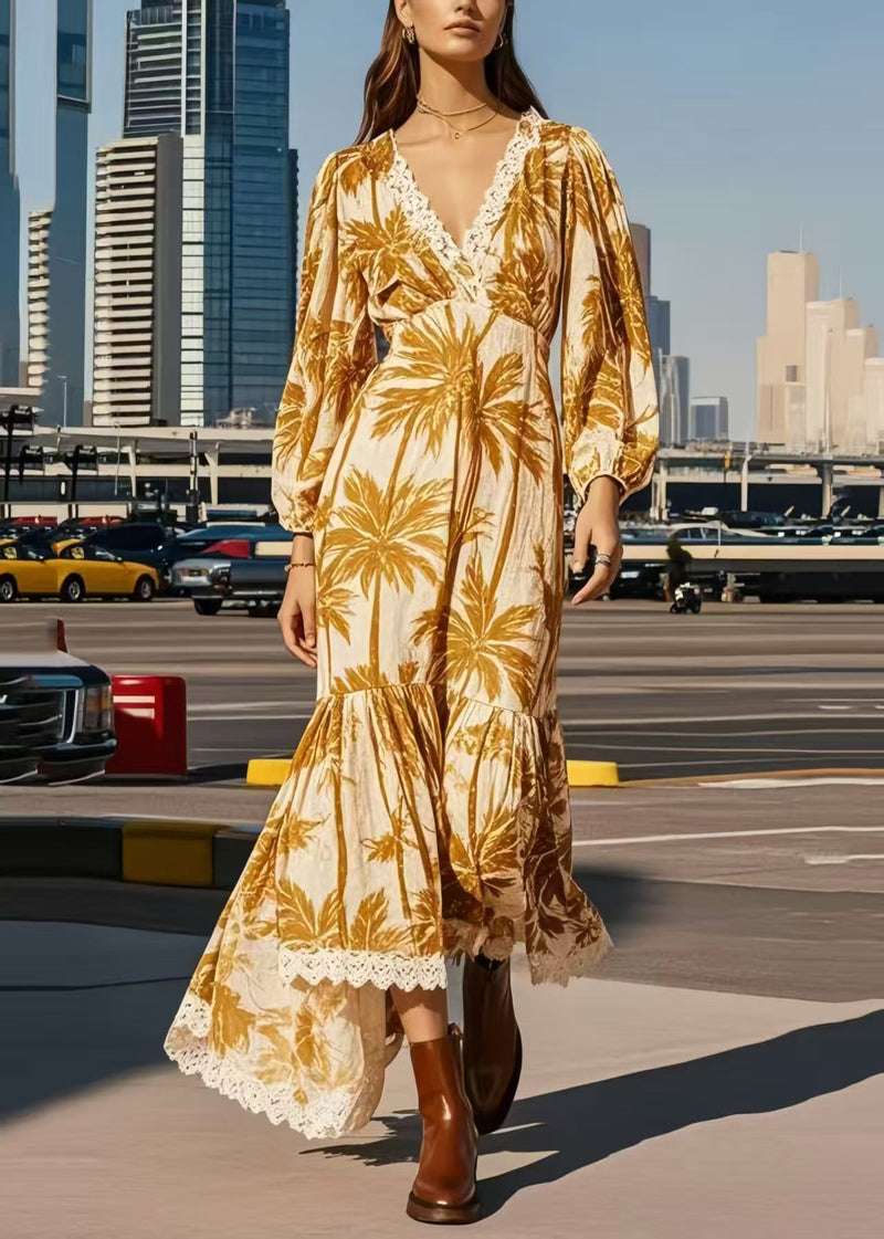 Khaki Print Patchwork Lace Vacation Dresses Spring