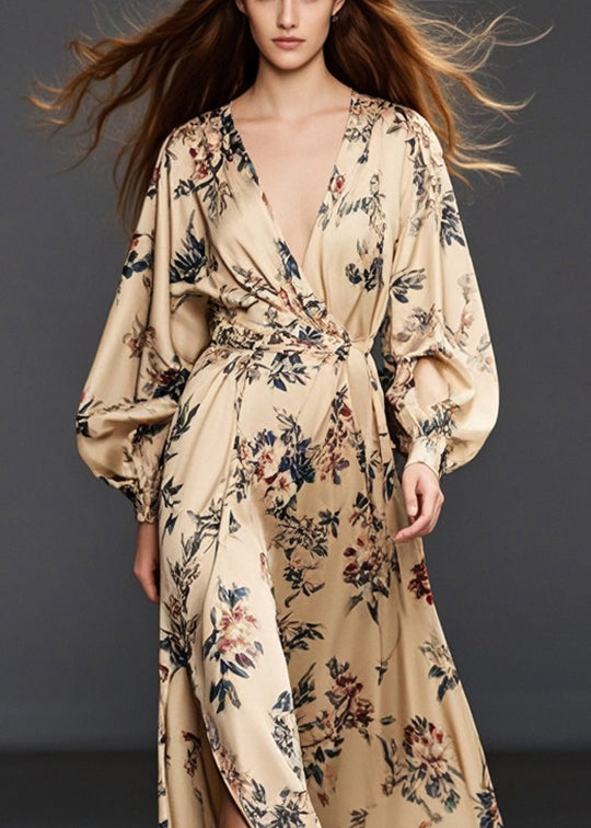 Khaki Print Side Open Chiffon Long Dress Spring