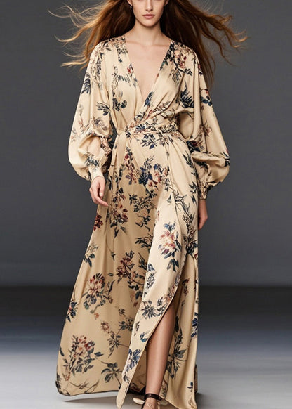 Khaki Print Side Open Chiffon Long Dress Spring