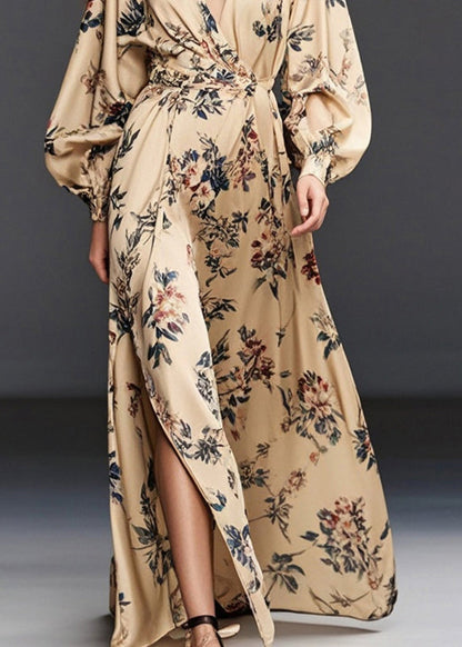 Khaki Print Side Open Chiffon Long Dress Spring