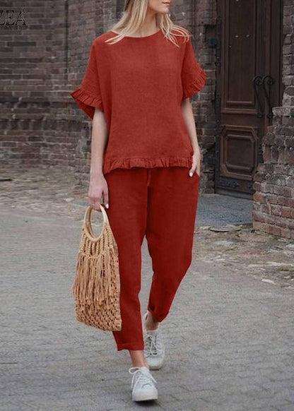 Khaki Ruffled Patchwork Top and Crop Pants Two Pieces Set Short Sleeve