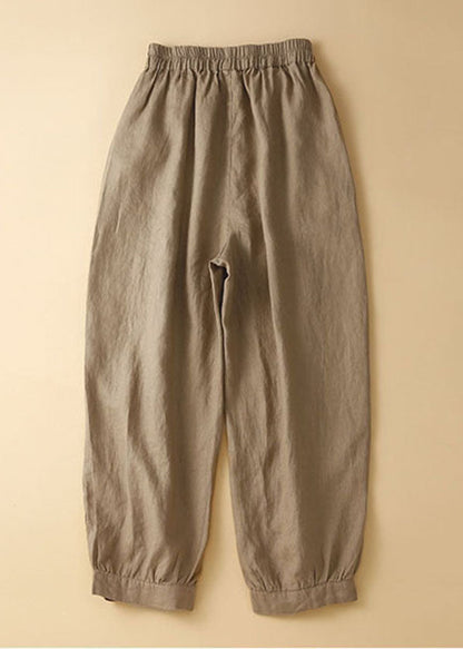 Khaki Ruffled Pockets Linen Crop Pants Trousers Summer