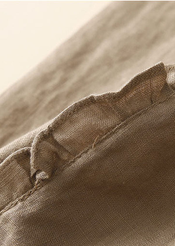Khaki Ruffled Pockets Linen Crop Pants Trousers Summer