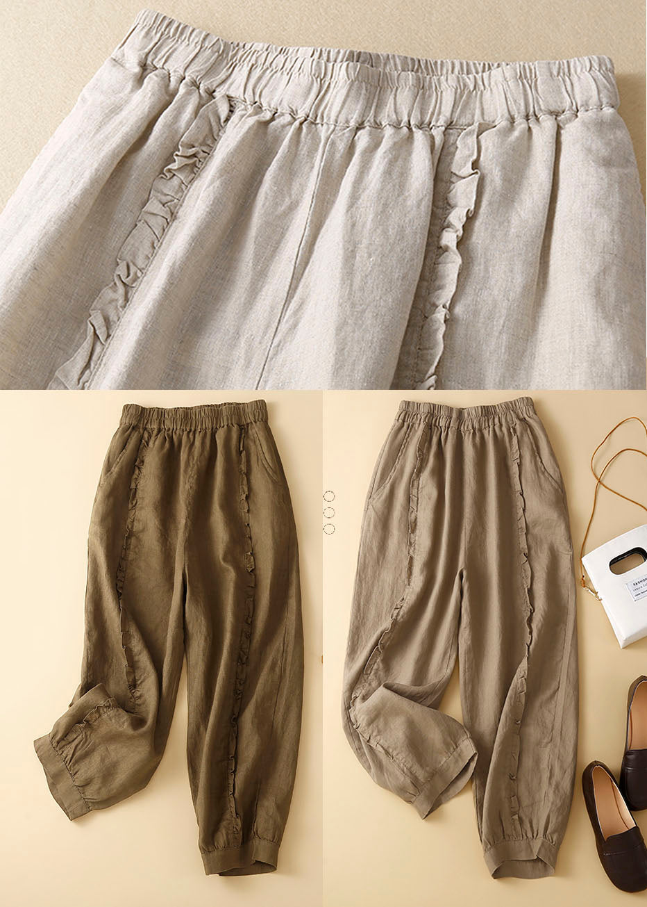 Khaki Ruffled Pockets Linen Crop Pants Trousers Summer