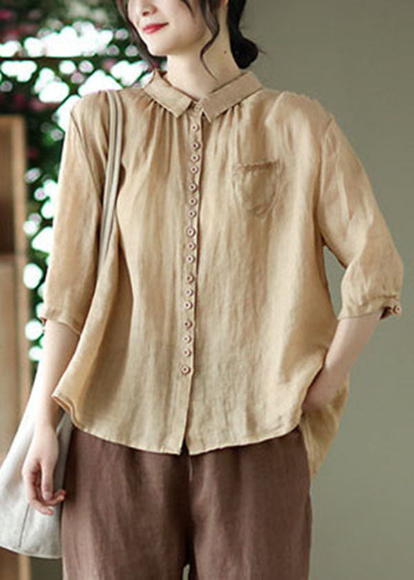 Khaki Button Pockets Linen Shirt Tops Half Sleeve