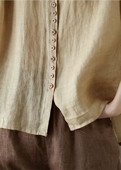 Khaki Button Pockets Linen Shirt Tops Half Sleeve