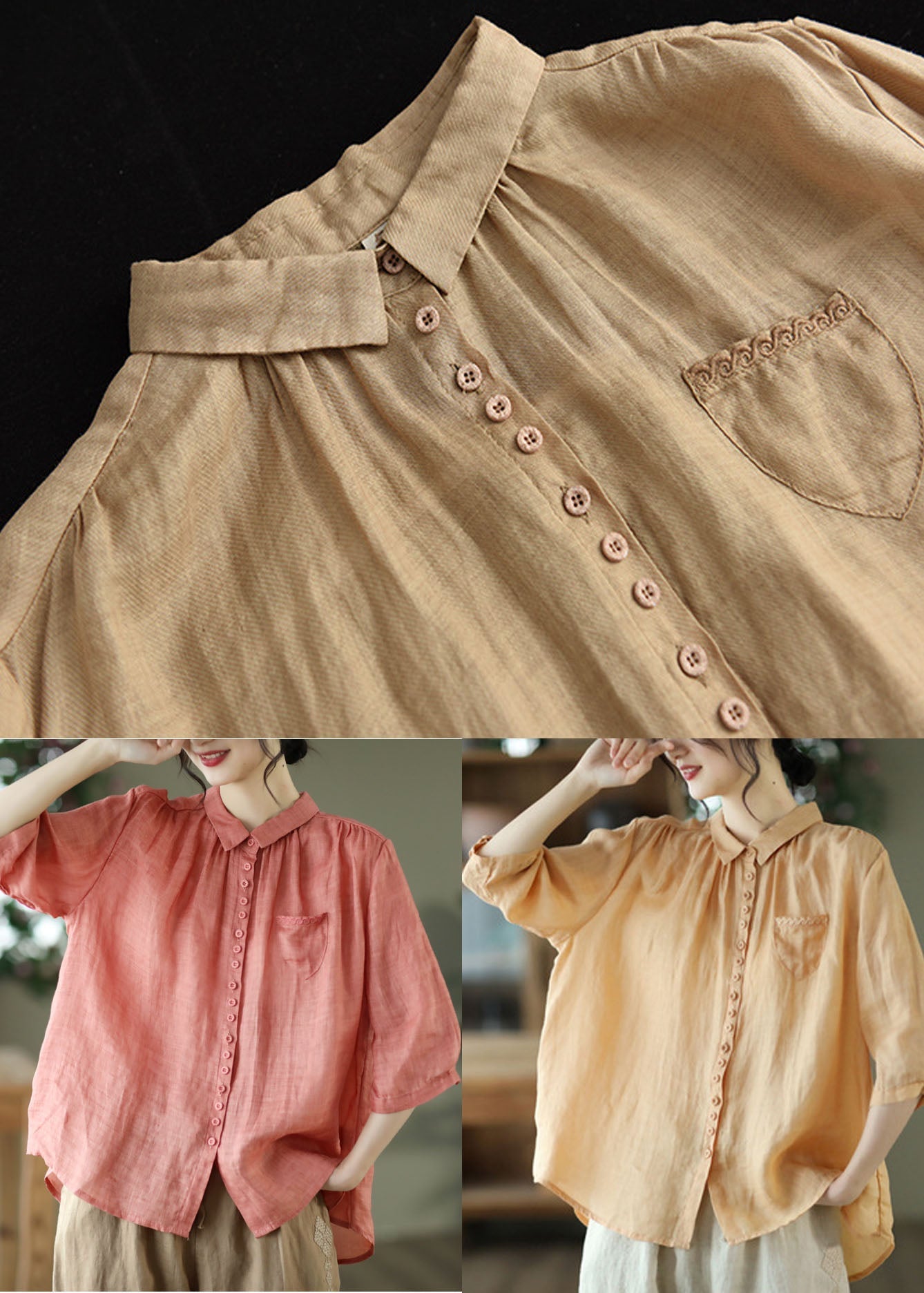 Khaki Button Pockets Linen Shirt Tops Half Sleeve