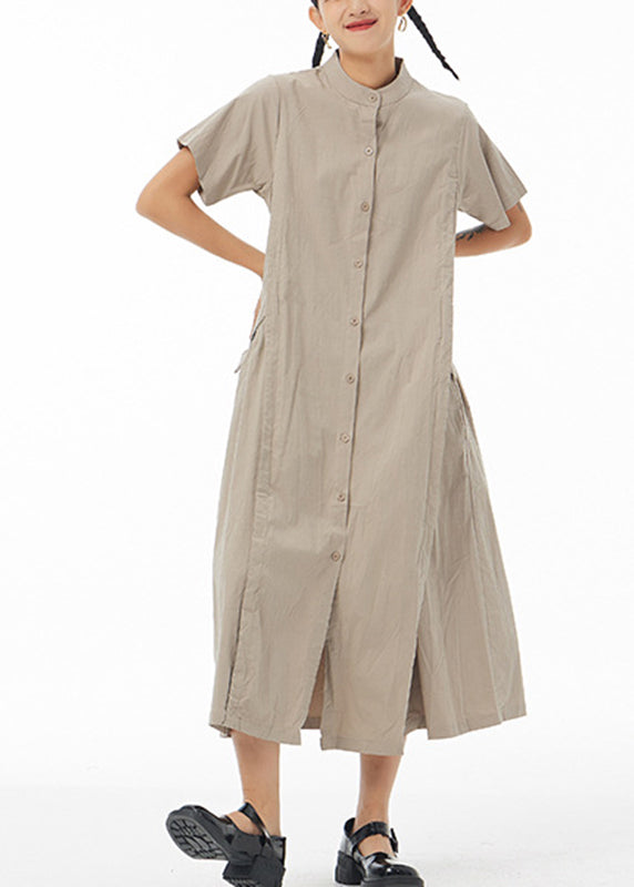 Khaki Stand Collar Button Cotton Long Shirt Dress Summer