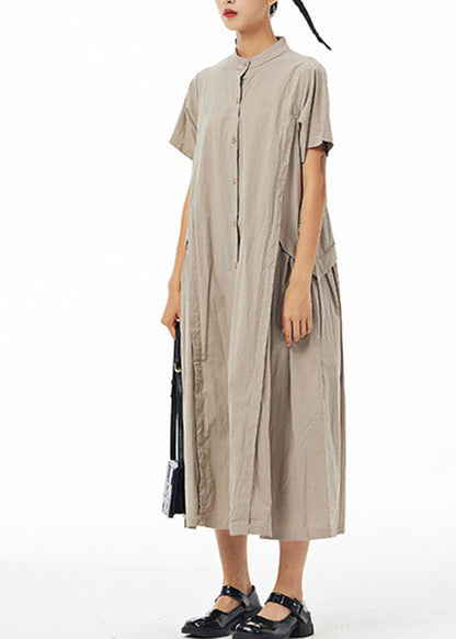 Khaki Stand Collar Button Cotton Long Shirt Dress Summer