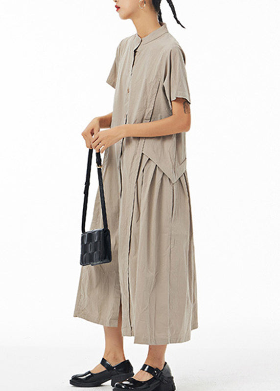 Khaki Stand Collar Button Cotton Long Shirt Dress Summer