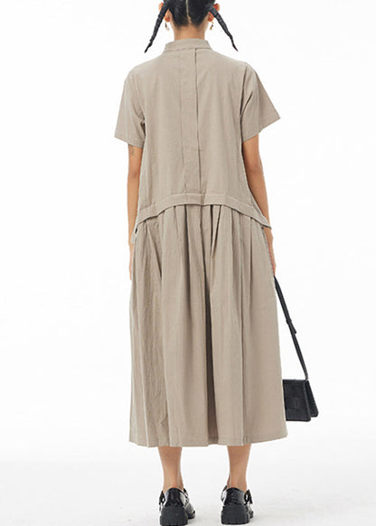 Khaki Stand Collar Button Cotton Long Shirt Dress Summer