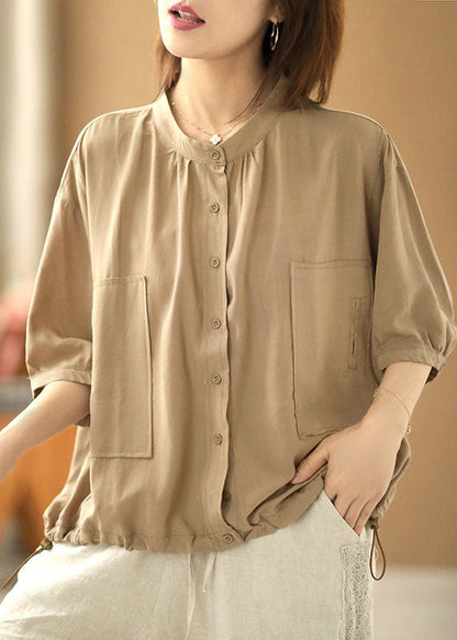 Khaki Stand Collar Drawstring Button Silk Shirt Top Bracelet Sleeve