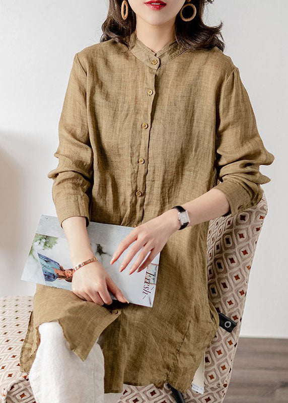 Khaki Stand Collar Patchwork Button Linen Top Spring