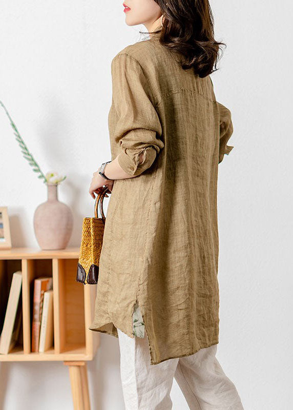 Khaki Stand Collar Patchwork Button Linen Top Spring