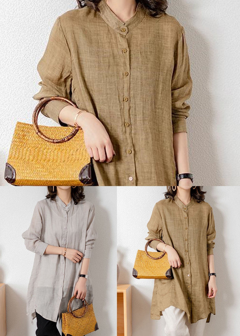 Khaki Stand Collar Patchwork Button Linen Top Spring