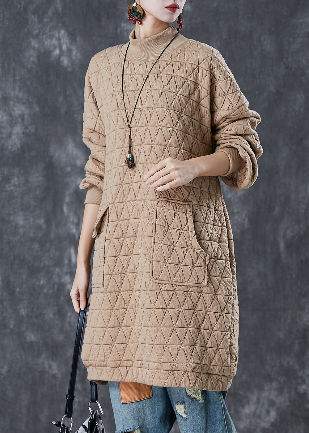 Khaki Stand Collar Pockets Fine Cotton Filled Loose Sweatshirt Dress Winter