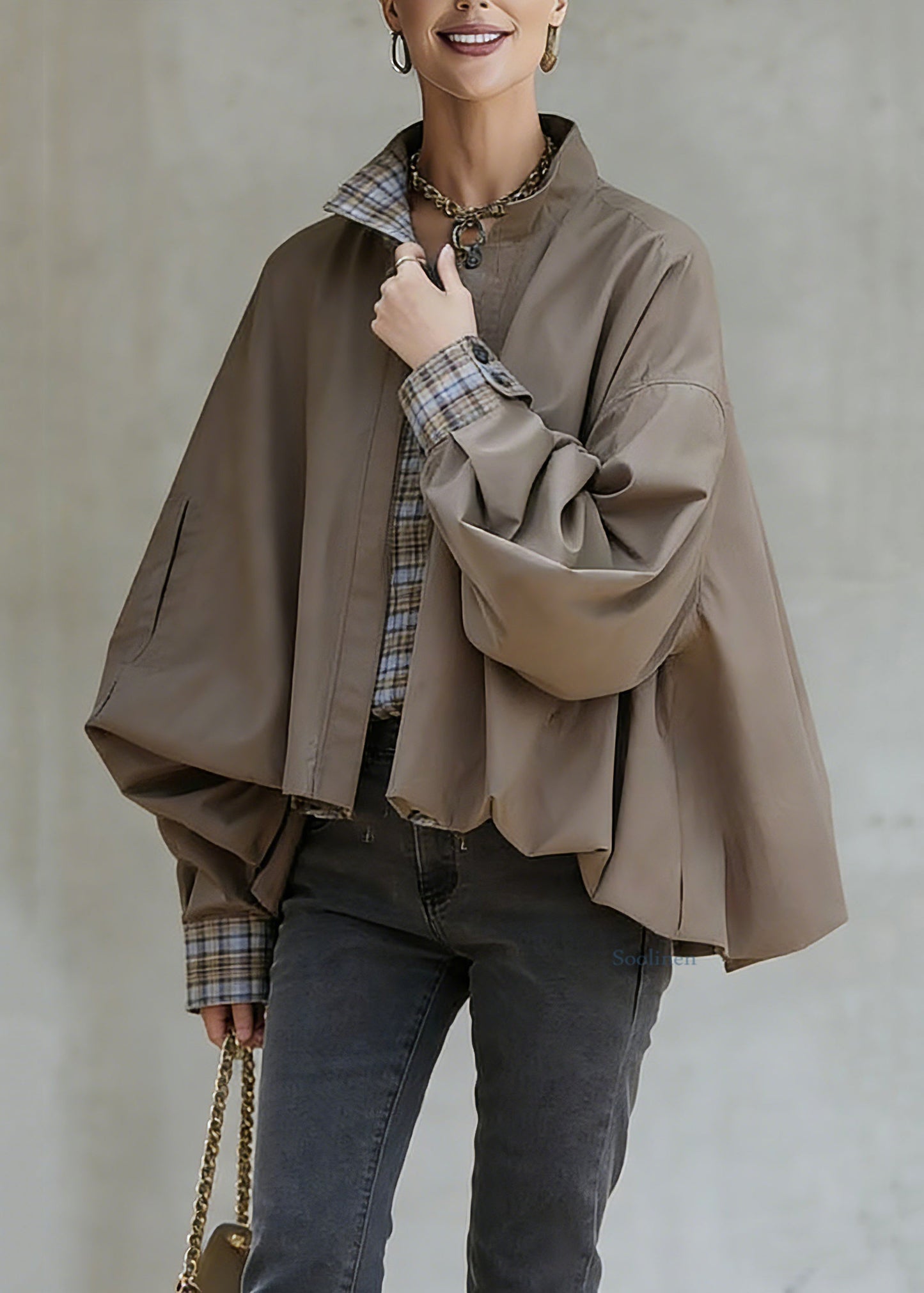 Khaki Stand Collar Pockets Patchwork Low High Design Coat Spring