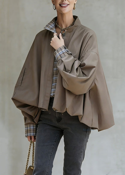Khaki Stand Collar Pockets Patchwork Low High Design Coat Spring