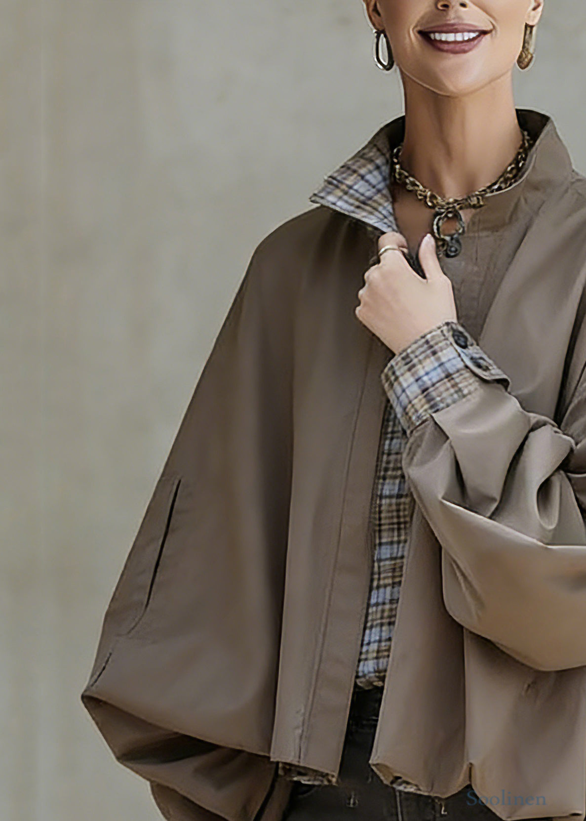 Khaki Stand Collar Pockets Patchwork Low High Design Coat Spring
