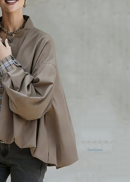 Khaki Stand Collar Pockets Patchwork Low High Design Coat Spring