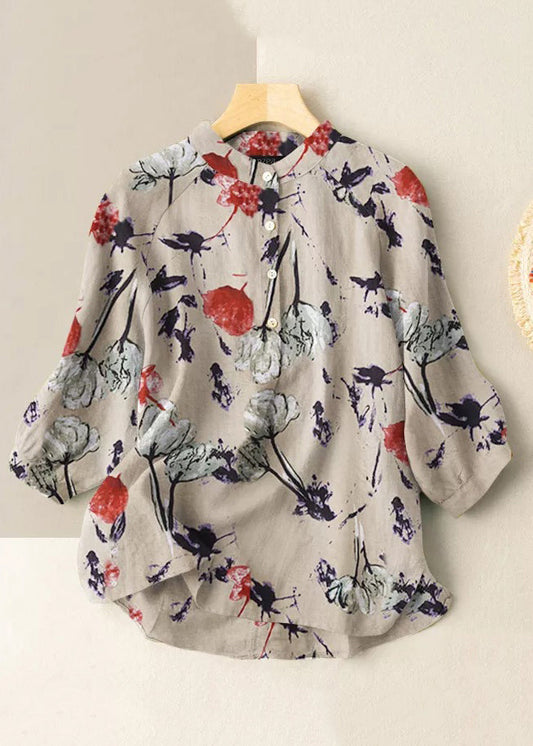 Khaki Stand Collar Print Stand Collar Shirt Half Sleeve