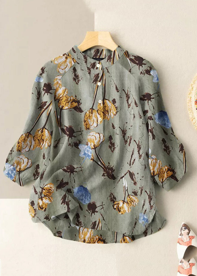 Khaki Stand Collar Print Stand Collar Shirt Half Sleeve